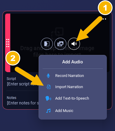 A storyboard section is displayed with one arrow pointing to the Add Audio icon and a second arrow pointing to the Import Narration option on the Add Audio menu.