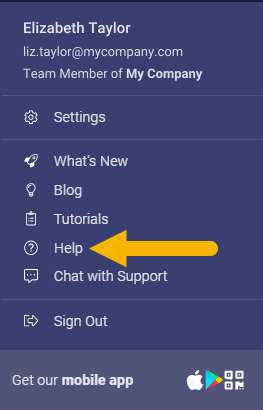 The ScreenPal user menu with an arrow pointing to the Help option.