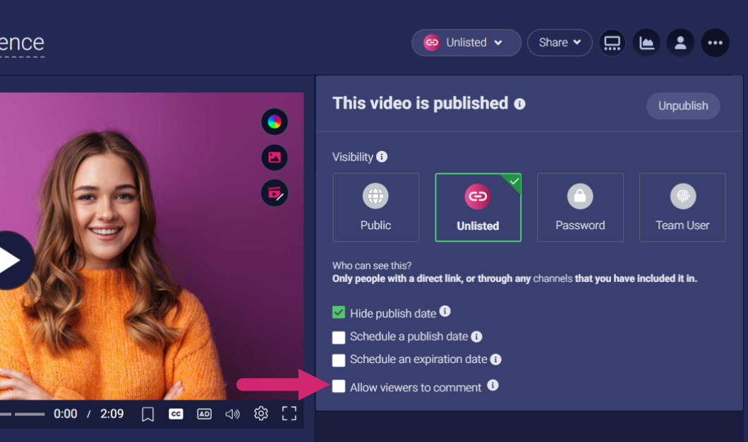 Shows the Publish and Visibility menu with an arrow pointing to the check box labeled Allow viewers to comment.