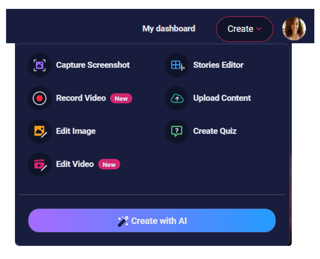 The ScreenPal Create menu displayed with several options.