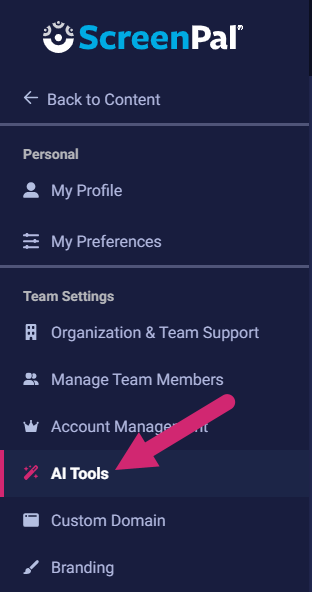 The ScreenPal Team Settings menu with an arrow pointing to the AI Tools option.