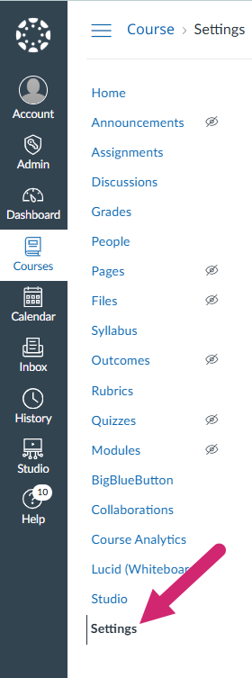 The Canvas Course Navigation menu with an arrow pointing to the Settings option at the bottom.