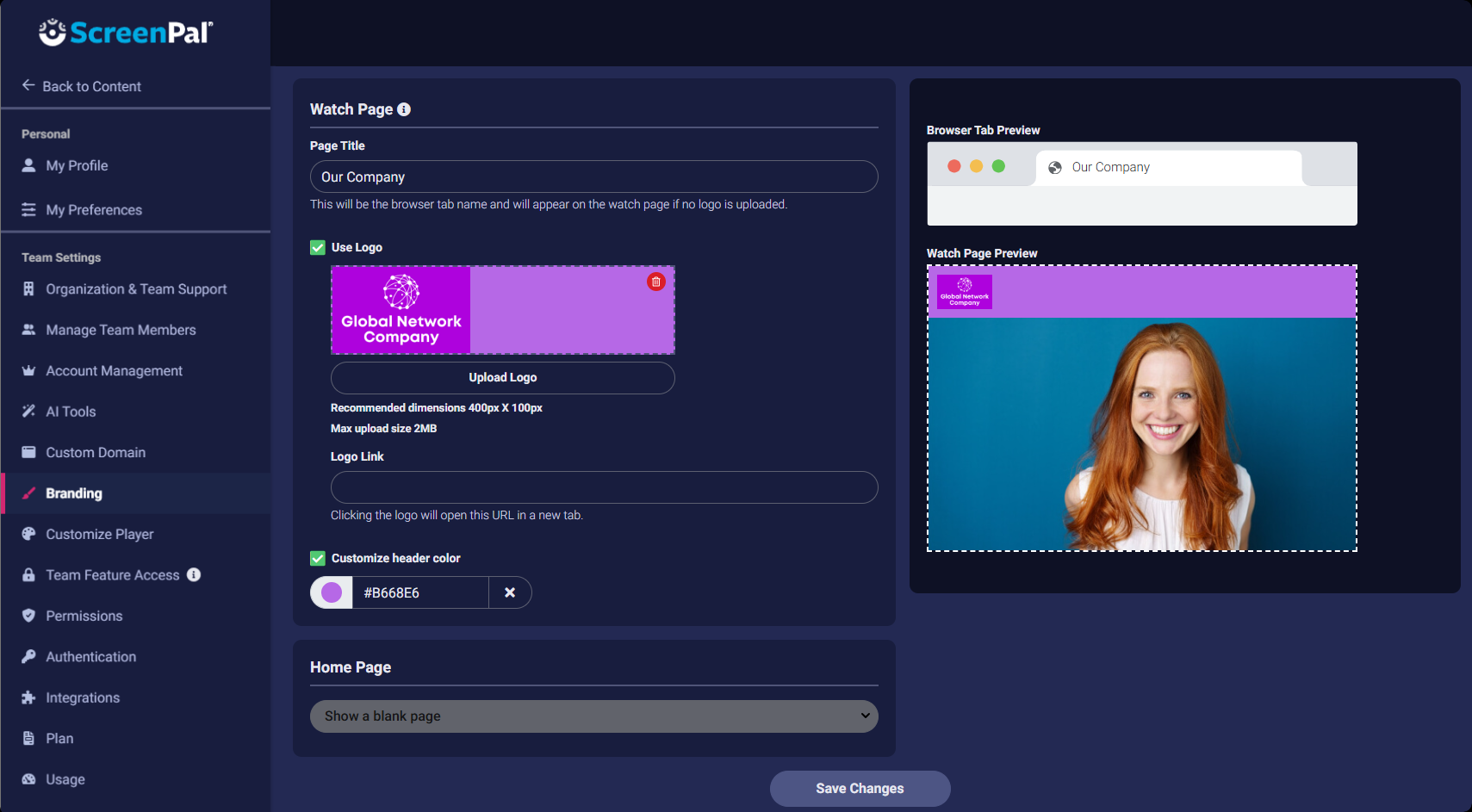 Show the Branding area of ScreenPal Settings with an uploaded logo and customized header color selected.