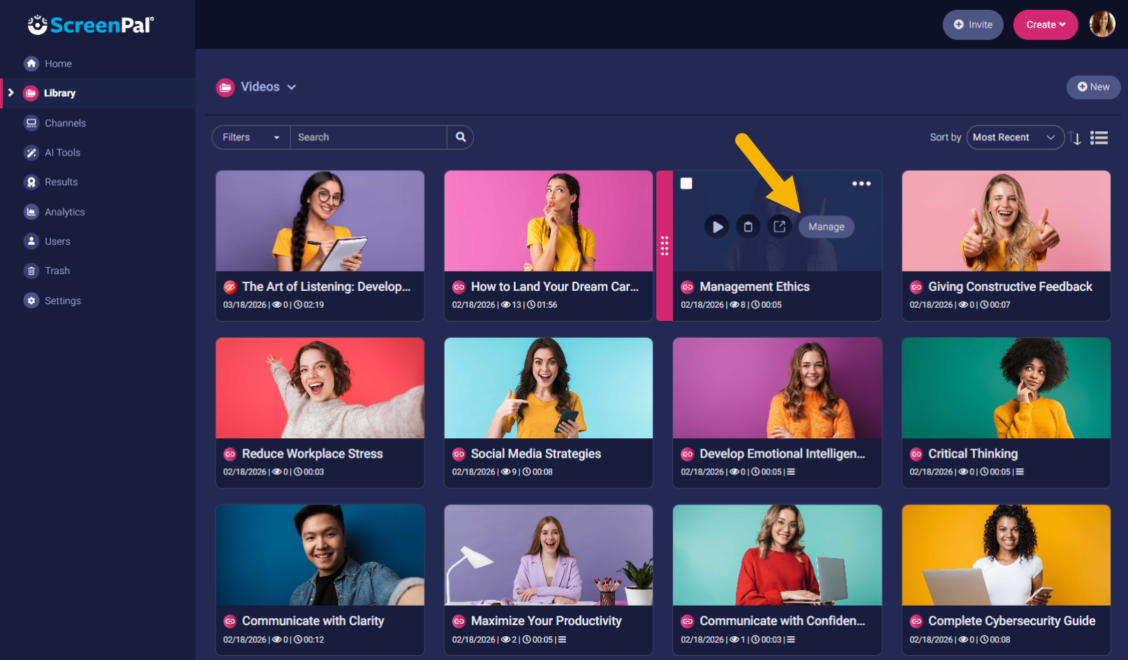 The ScreenPal Hosting library with video thumbnails displayed in a grid and one video in a hover state with the Manage button displayed on it.