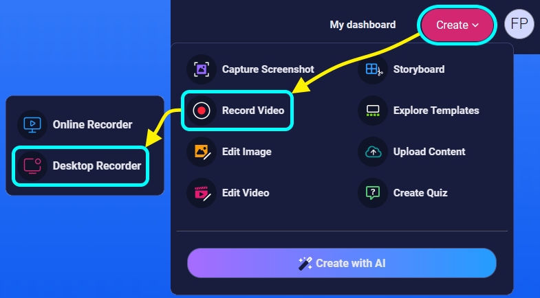 Launch desktop app Screen Recorder from Create menu