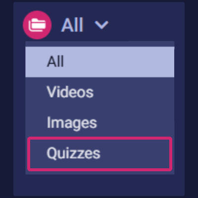 The All menu expanded with the Quizzes option circled in pink.