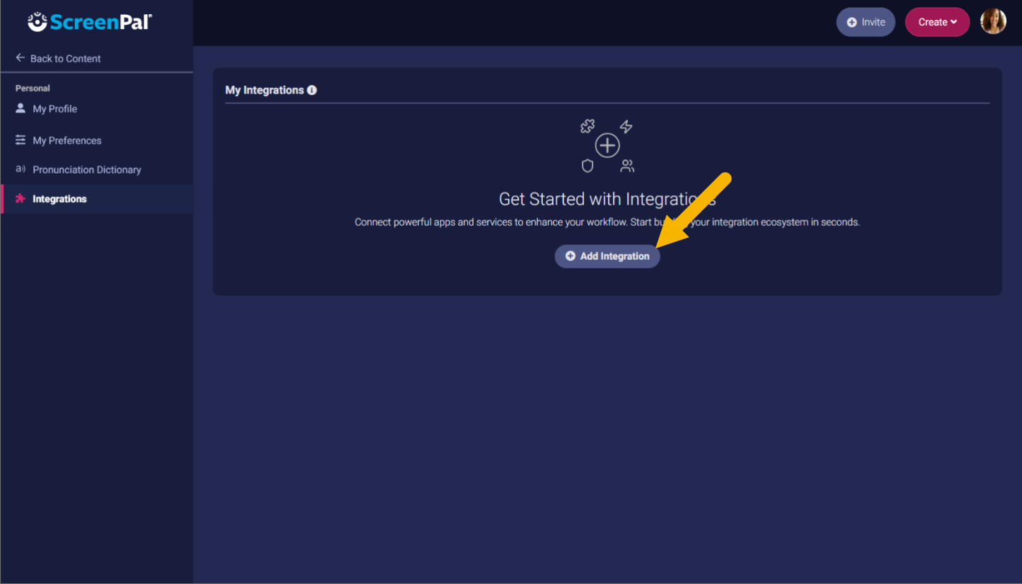 The ScreenPal Settings area with the Integrations section displayed. A yellow arrow points to the Add Integration button.