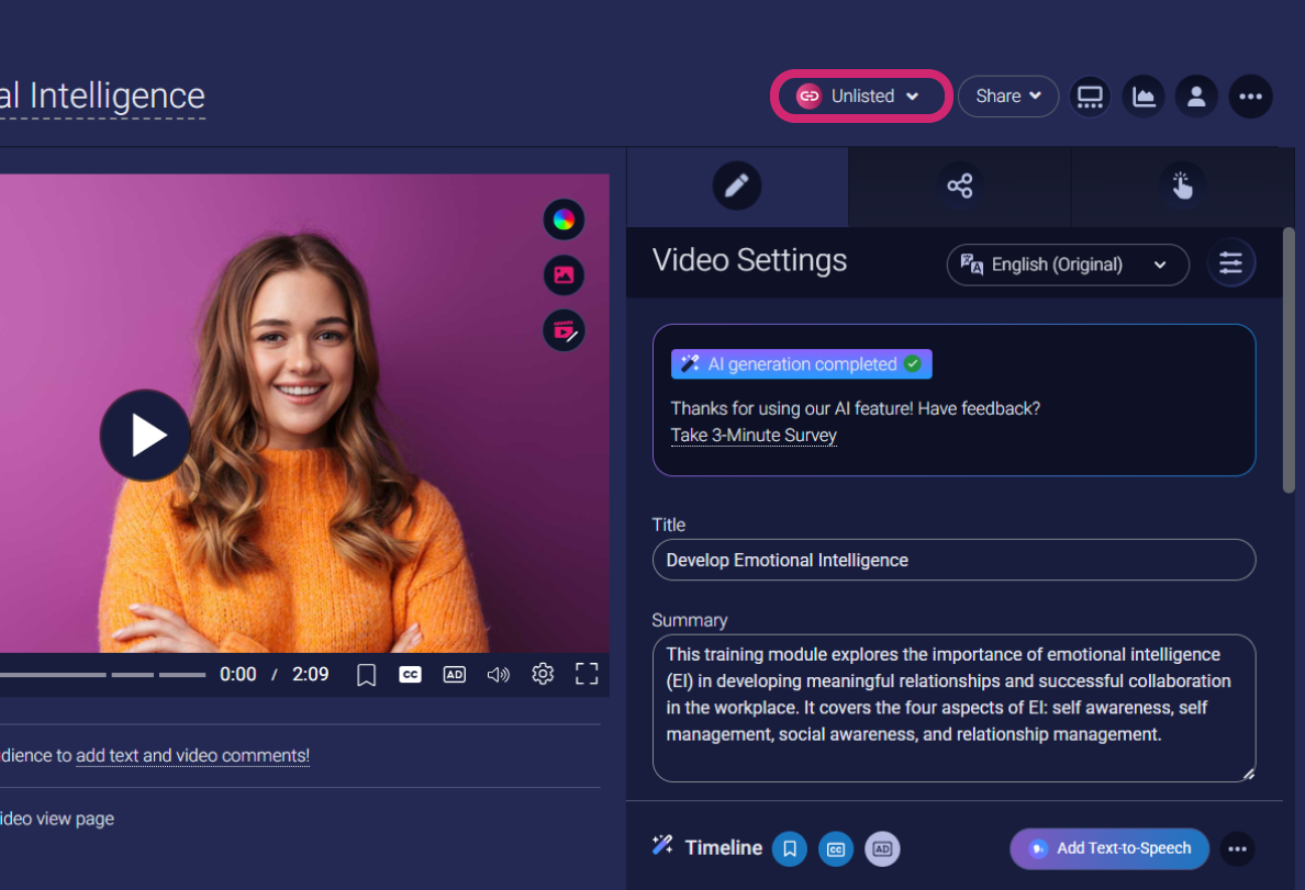 The Video Settings page with the Publish and Visibility menu highlighted by a pink circle.