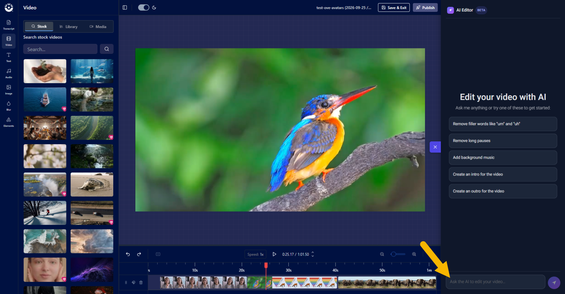 The Online Video Editor with the AI Editor displayed in the right panel.
