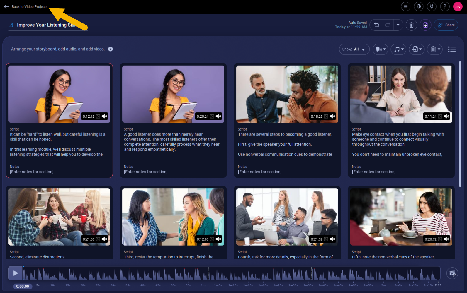 An open ScreenPal storyboard with an arrow pointing to the Back to Video Projects option in the top left of the screen.