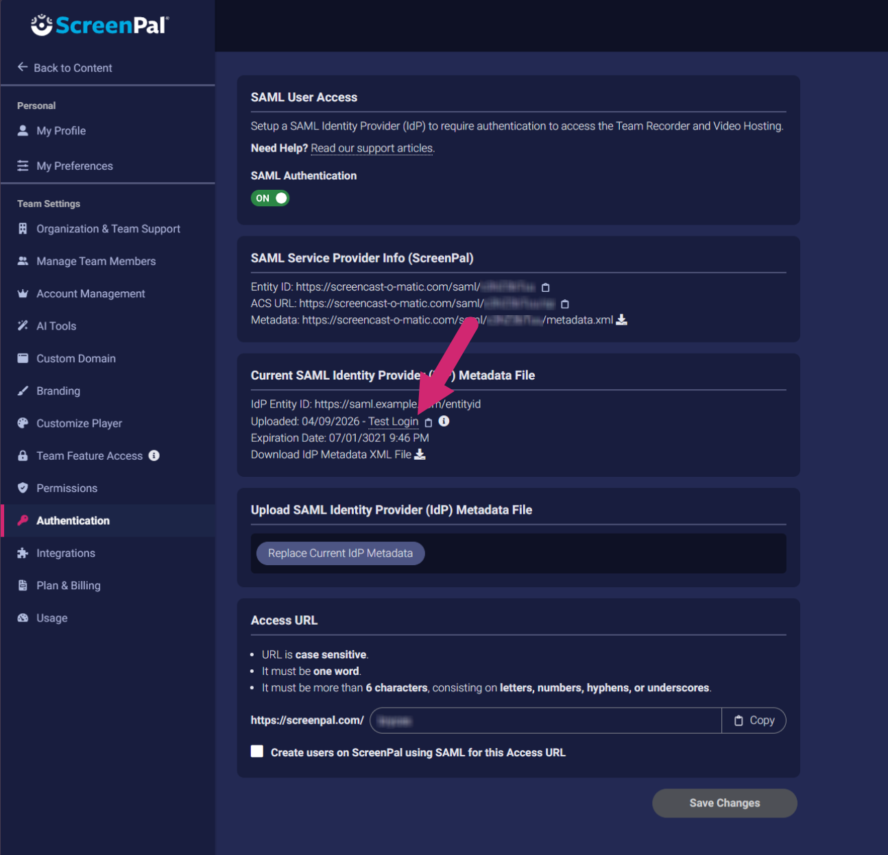 Displays the Authentication area of ScreenPal Settings with an arrow pointing to the Test Login link in the Current SAML Identity Provider (IdP) Metadata File section