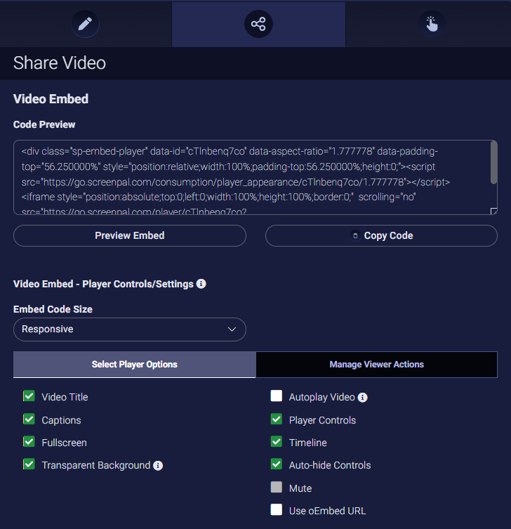 The Share Video tab with the Video Embed controls and options displayed.
