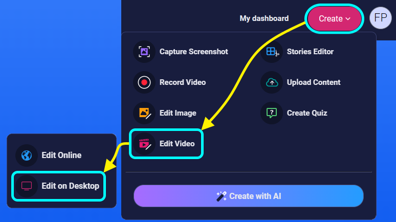 Create menu with arrows pointing to Edit Video